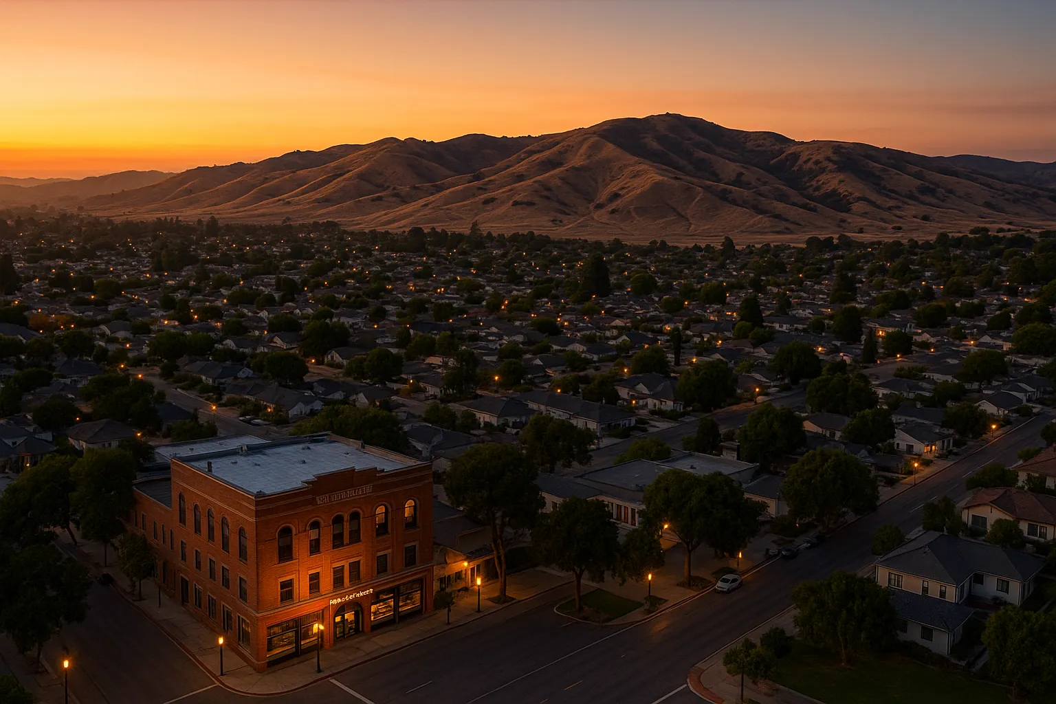 Aerial twilight view of Hollister featuring the historic Zelinsky Building’s red-brick façade and illuminated windows in the foreground, a grid of suburban streets glowing under streetlights, and the rolling Hollister Hills State Vehicular Recreation Area silhouetted against a warm dusk sky.